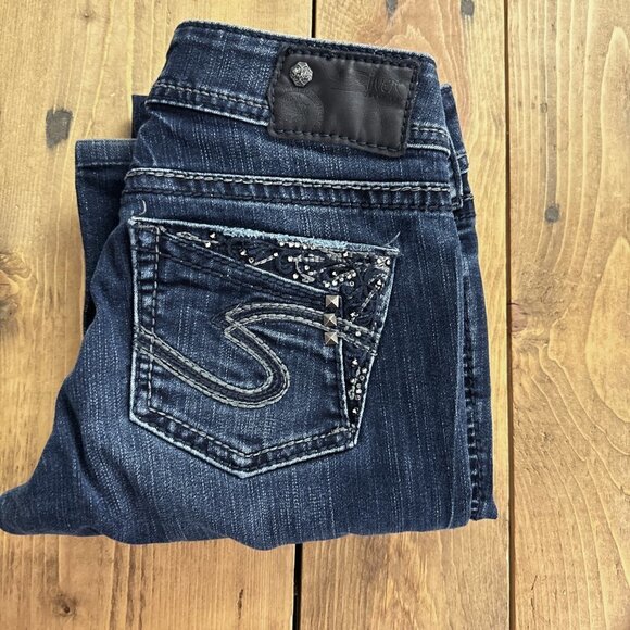Silver Suki 17 " Jeans Rhinestones Black Patch Size 26 - Picture 2 of 10